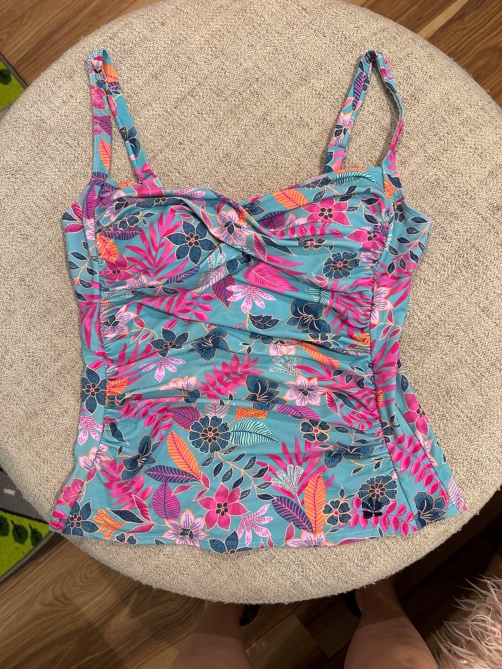 Heparin Women’s Floral Twist-Front Tankini in Aqua and Pink XXL